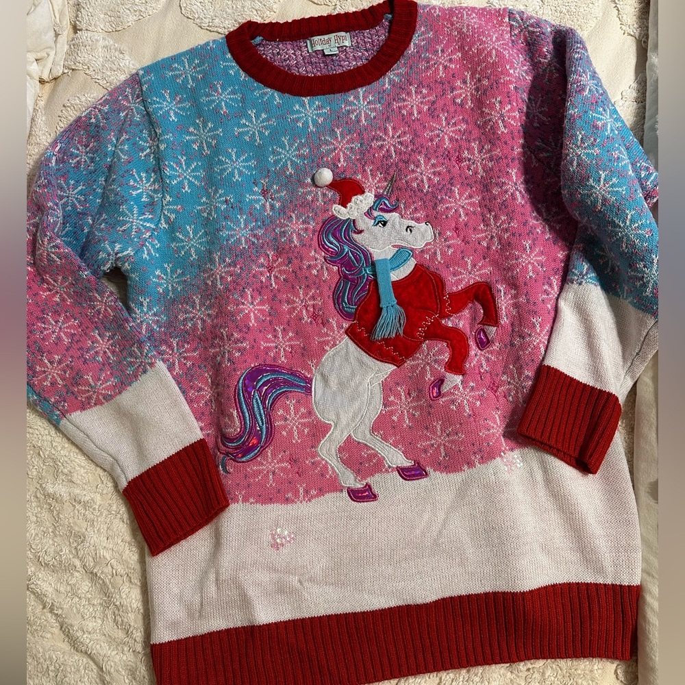 Holiday Hype Unicorn Christmas Sweater - Pink, Blue, Red ugly Christmas sweater
